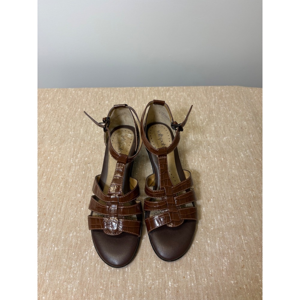 Croc Embossed Sandals Chocolate Brown T-Strap Minimalist Comfort Block Heel 7M - Picture 7 of 16